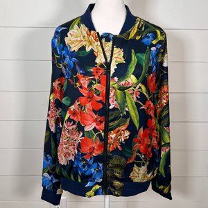 Gibson Latimer Navy Satin Multicolor Floral Long Sleeve Jacket Size M